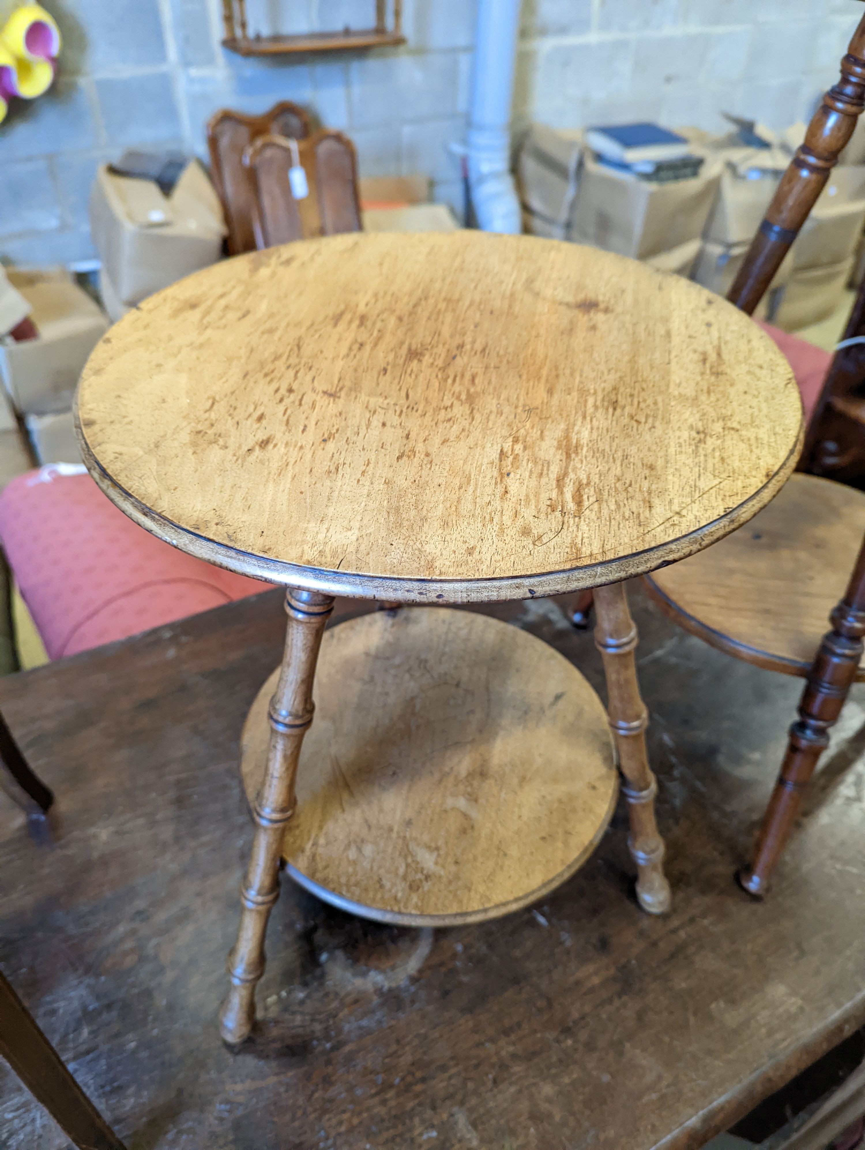 Two Victorian mahogany circular two tier tables, larger 67cm high together with an Edwardian kidney shaped occasional table